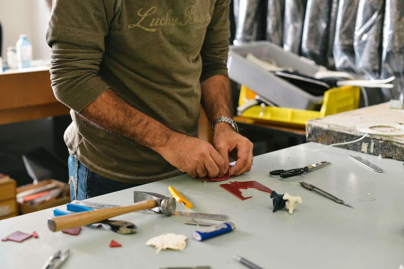 Contractor working carefully at a workbench