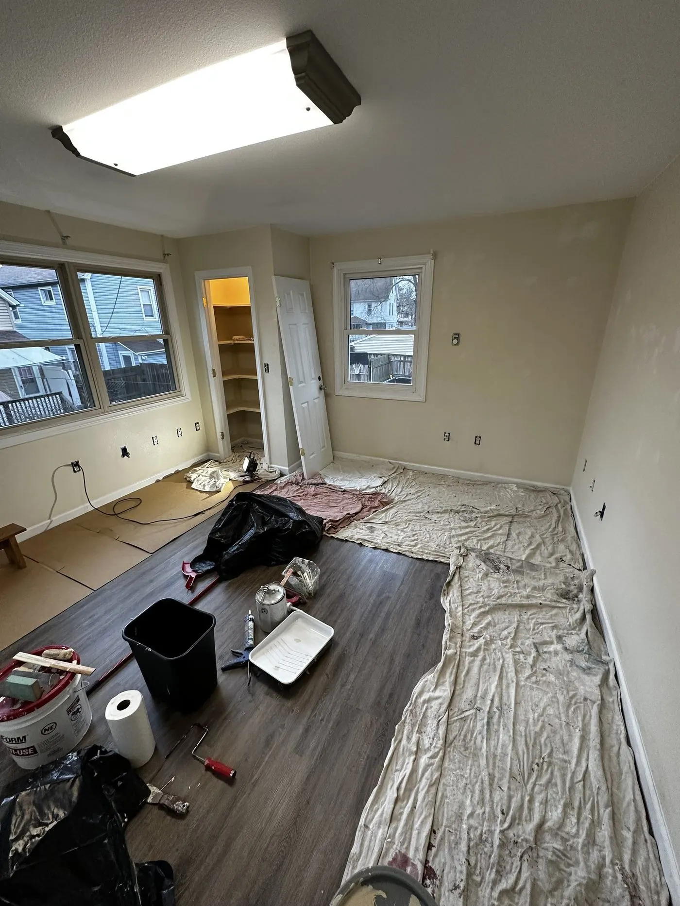 Luxury vinyl plank flooring installed in a renovated room